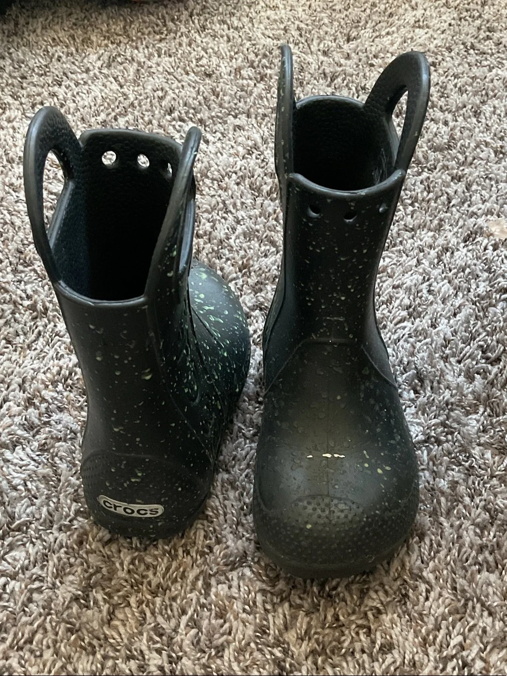 CROCS Black Rain Boots with Green Speckle Accents